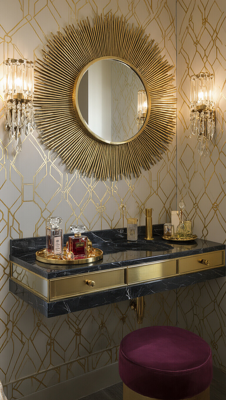Art Deco powder room with gold geometric wallpaper, black marble vanity with brass accents, sunburst mirror, crystal sconces, vintage perfume bottles on tray, and velvet stool under floating counter.