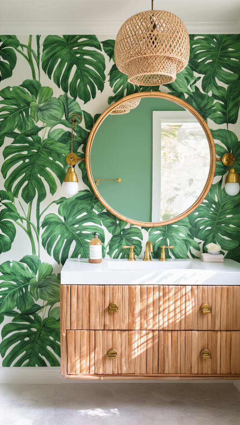 Tropical modern 7x8ft bathroom with monstera wallpaper, floating teak vanity, brass fixtures, and rattan mirror.