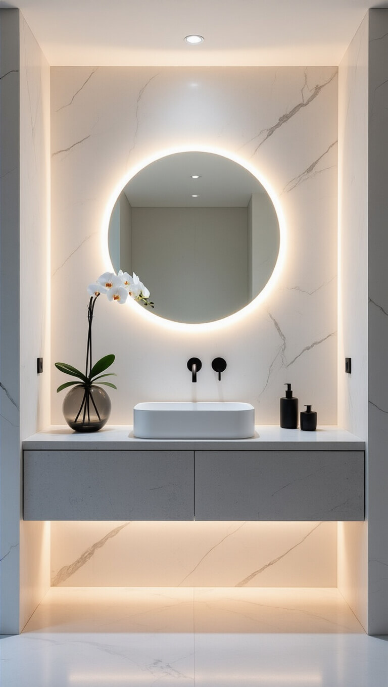 Minimalist bathroom with white marble walls, floating concrete vanity, backlit round mirror, matte black fixtures, and single orchid in smoky glass vase.