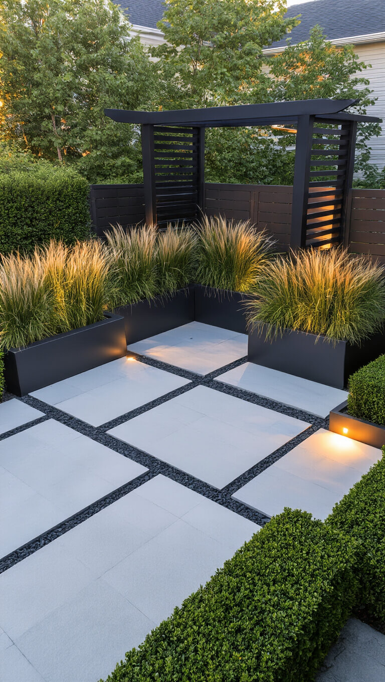 Modern geometric backyard garden with grid-patterned concrete pavers, trimmed boxwood hedges, stainless steel planters, and a matte black pergola at golden hour.