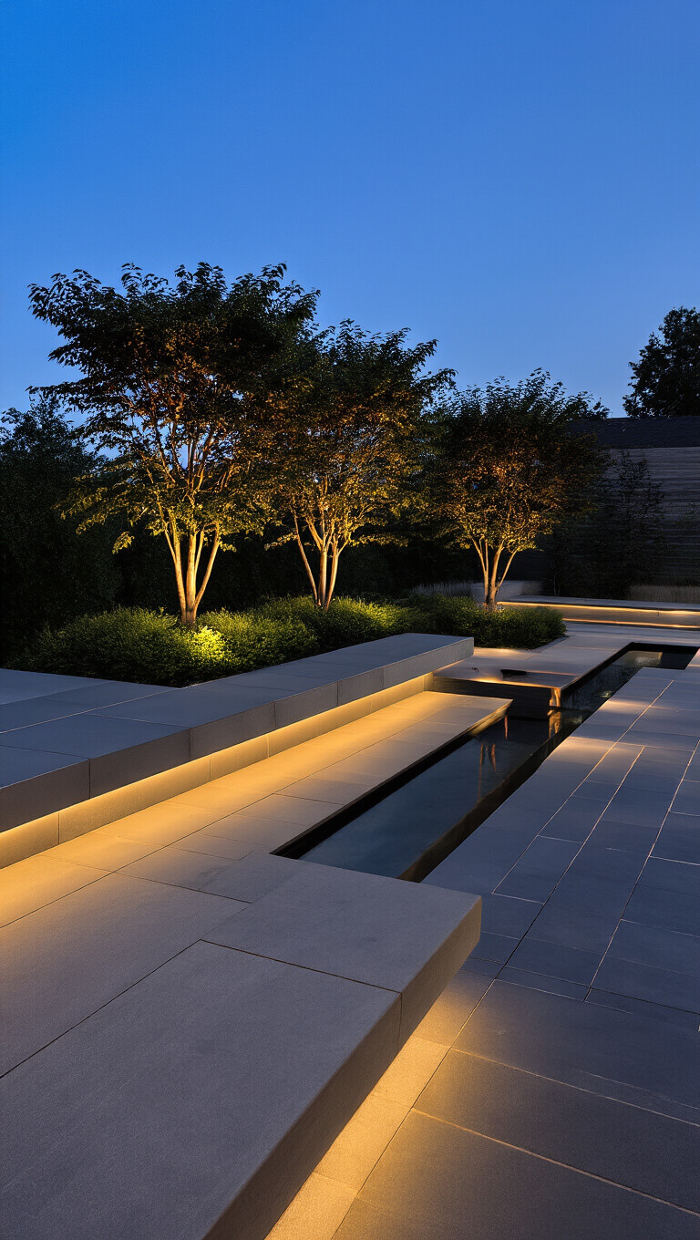 Minimalist garden lounge at dusk with floating concrete bench, integrated LED lighting, Japanese maples, linear fire feature, and sleek water channel on charcoal porcelain tiles.