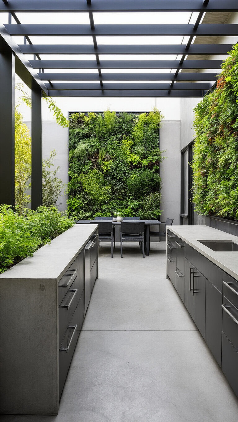 Modern garden kitchen with concrete counters, steel pergola, and vertical succulent wall in midday light.