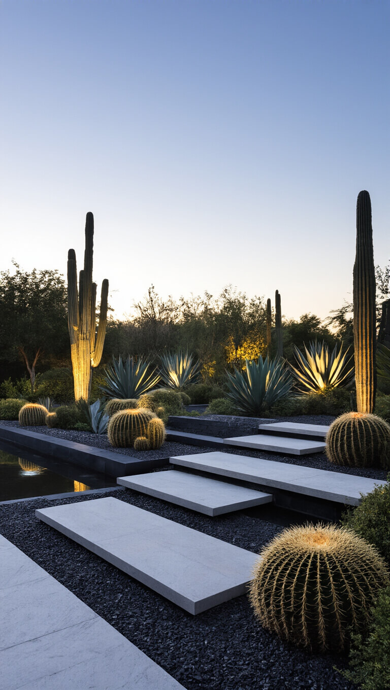 Twilight view of sculptural agaves and barrel cacti in a 25'x35' architectural garden with black gravel, floating concrete steps, and dramatic accent lighting.
