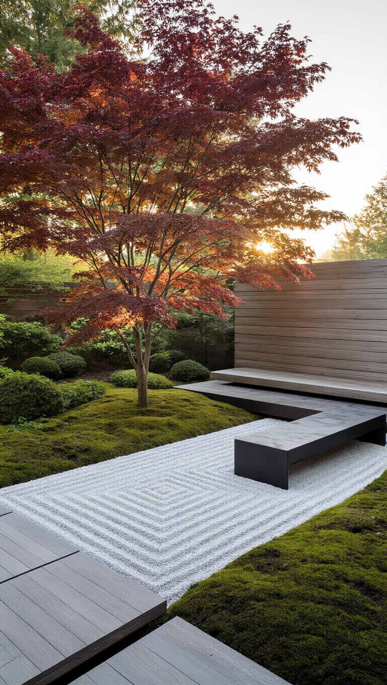 Modern meditation garden at dawn with raked white gravel, Japanese maple centerpiece, floating steel and wood bench, and soft morning light in a minimalist 15'x20' space.