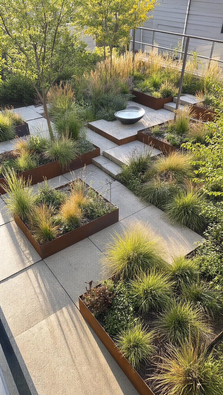 Aerial view of a 40'x40' urban wildlife garden with geometric weathered steel planters, native plants, modern bird bath, insect hotel, and directional afternoon light highlighting natural textures.