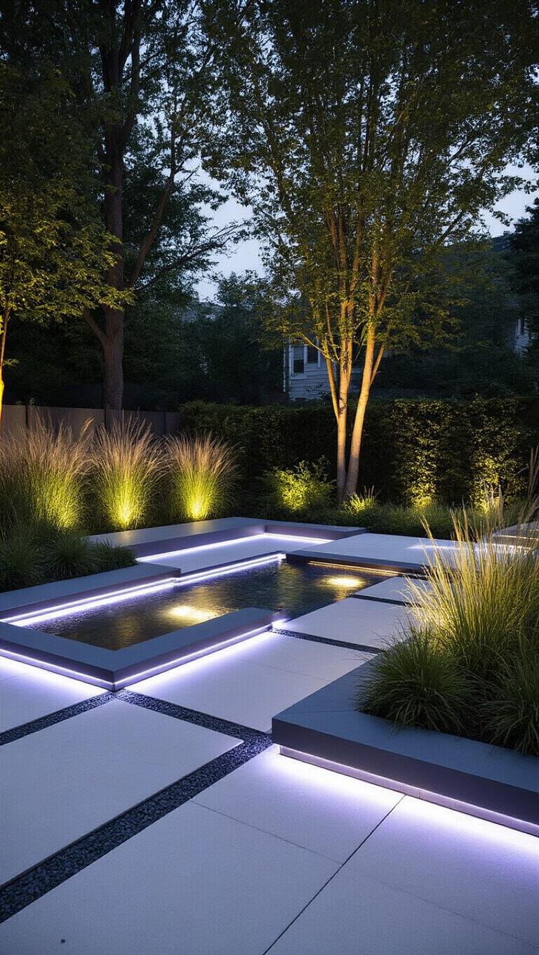 Night garden with LED-lit geometric paths, illuminated water feature, backlit ornamental grasses, and uplighted trees, featuring polished concrete and blue-white lighting accents.