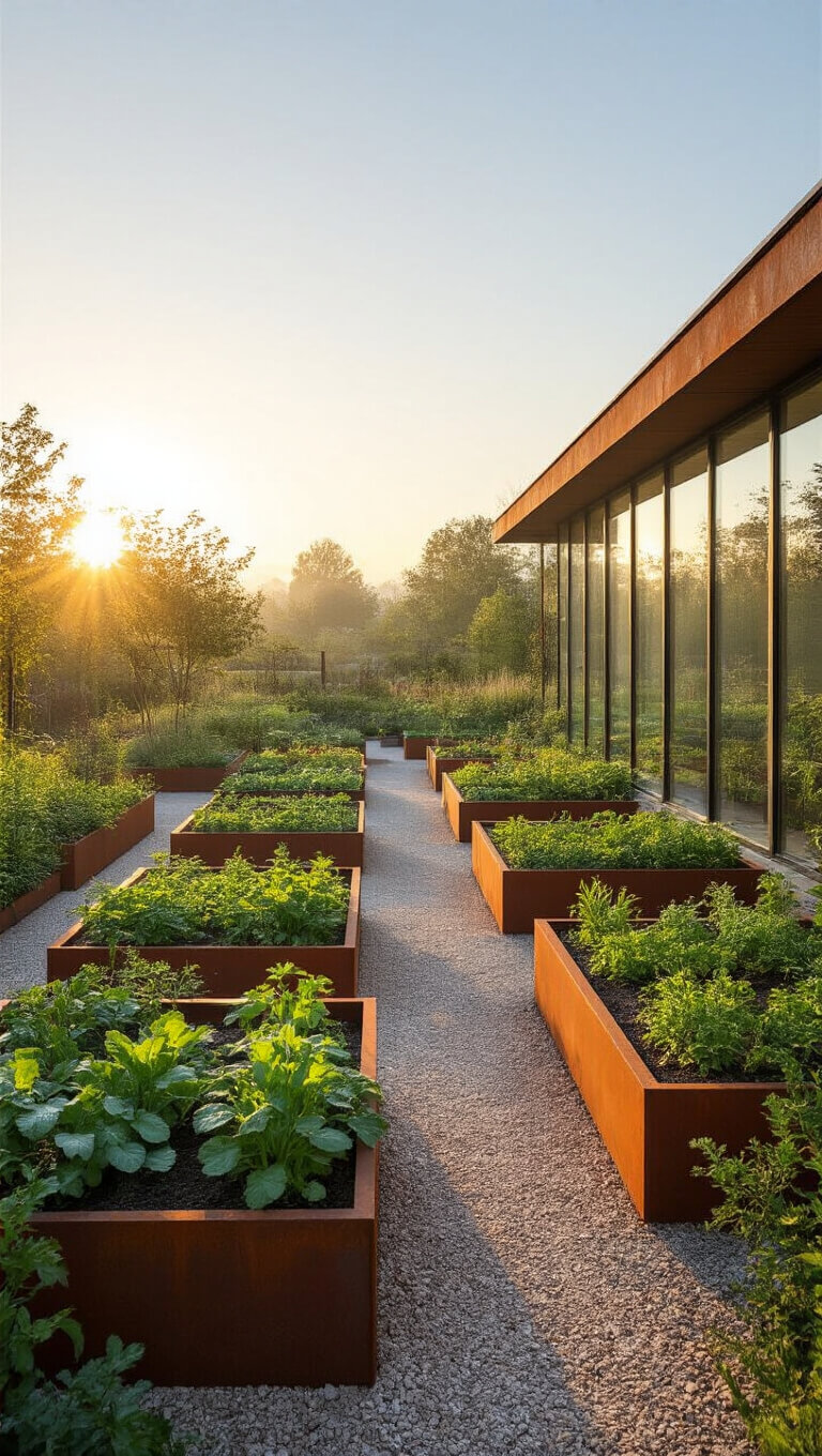 Modern edible garden at sunrise with geometric Corten steel raised beds, dew-covered vegetables and herbs, and a glass greenhouse in the background.