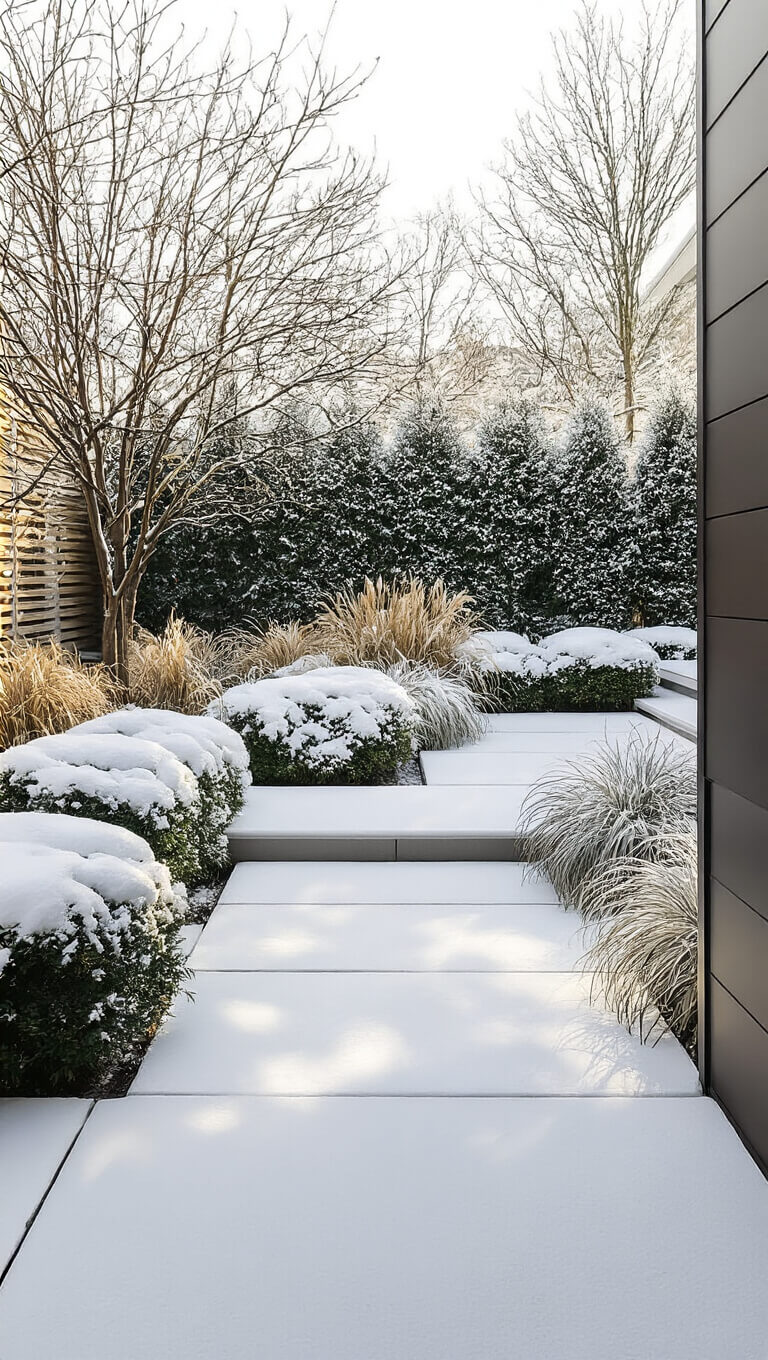 Modern winter garden with snow-covered evergreens and ornamental grasses, warm concrete paths, and sculptural branches casting shadows.