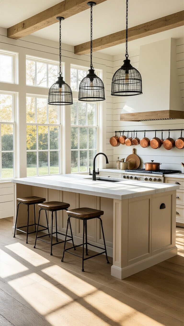 Farmhouse kitchen with morning sunlight streaming through windows, highlighting a marble island, vintage copper pots, and textured shiplap walls.