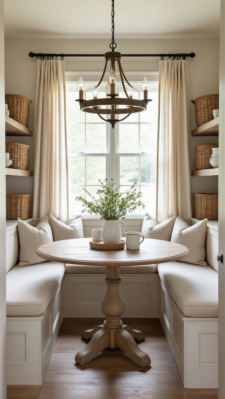 Cozy farmhouse breakfast nook with built-in linen bench, round oak pedestal table, and rustic chandelier, bathed in soft afternoon light.