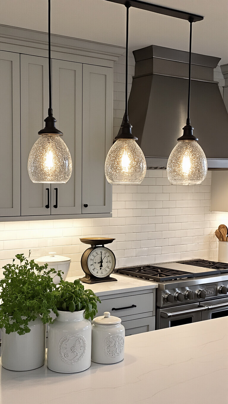 Modern farmhouse kitchen island with white quartz countertop, matte black hardware, vintage scale, ceramic canisters, and trio of seeded glass teardrop pendants viewed from above.