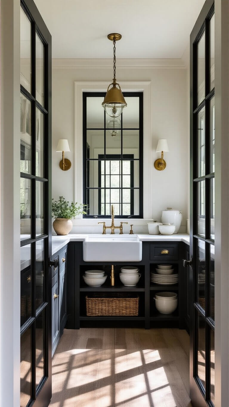 Butler's pantry with black steel-framed windows, brass sconces, antique mirror, farmhouse sink, open shelves of ironstone, and dramatic afternoon light.