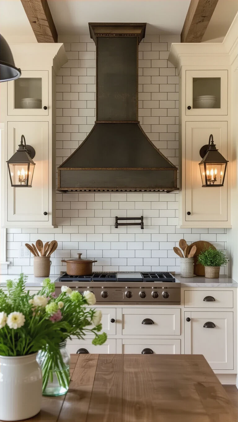 Farmhouse kitchen prep area with 6ft weathered zinc range hood, cream beaded cabinets, oil-rubbed bronze sconces, subway tile backsplash, and mason jars with fresh flowers.