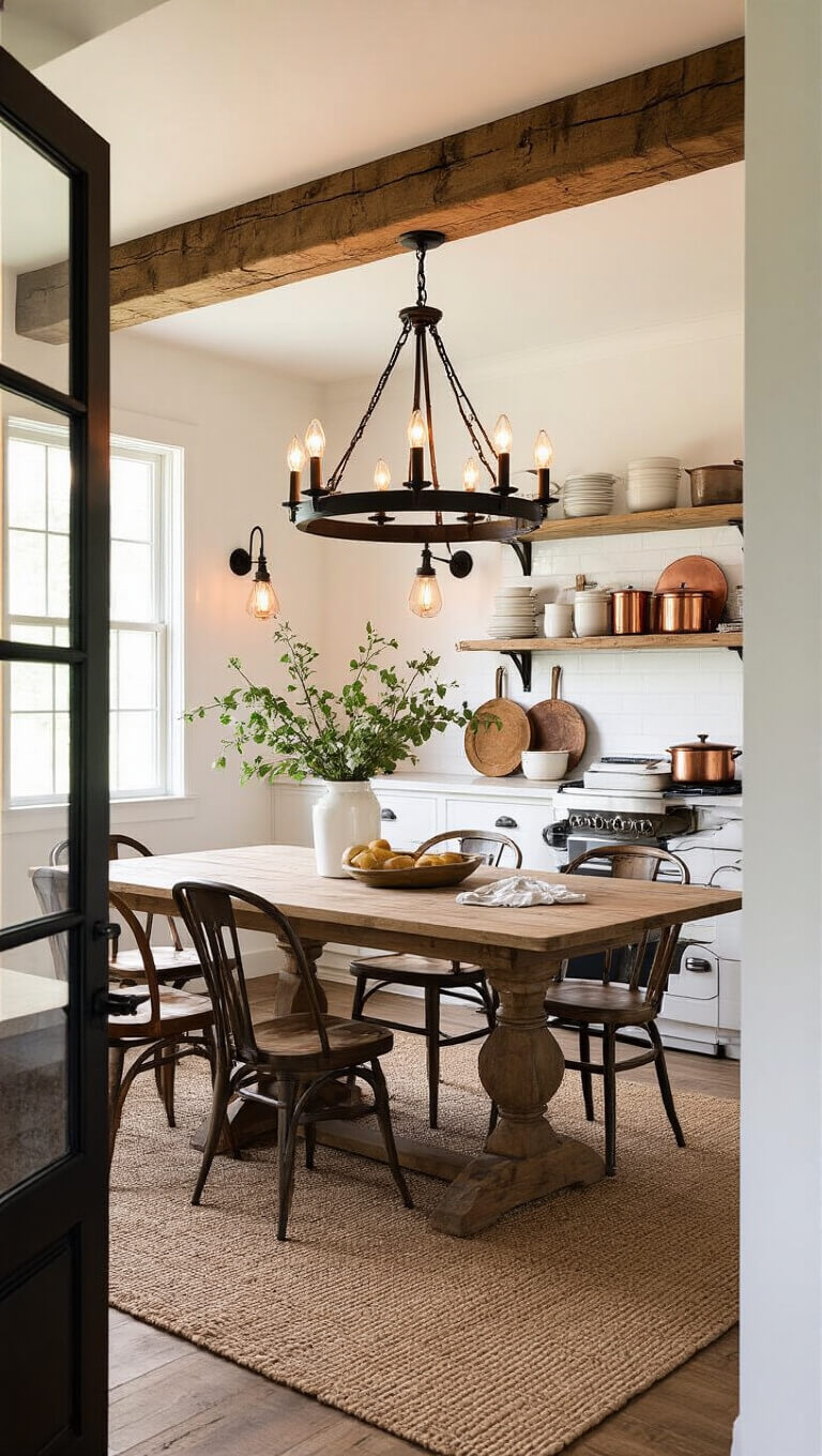 Cozy evening kitchen with exposed beam ceiling, warm chandelier lighting over farmhouse table, vintage cookware, and mixed accent lighting from doorway view.