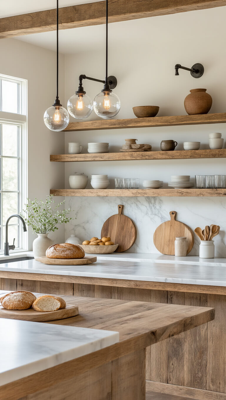 Sunlit breakfast bar with reclaimed wood shelves, glass globe pendants, marble waterfall counter, and vintage kitchen decor.