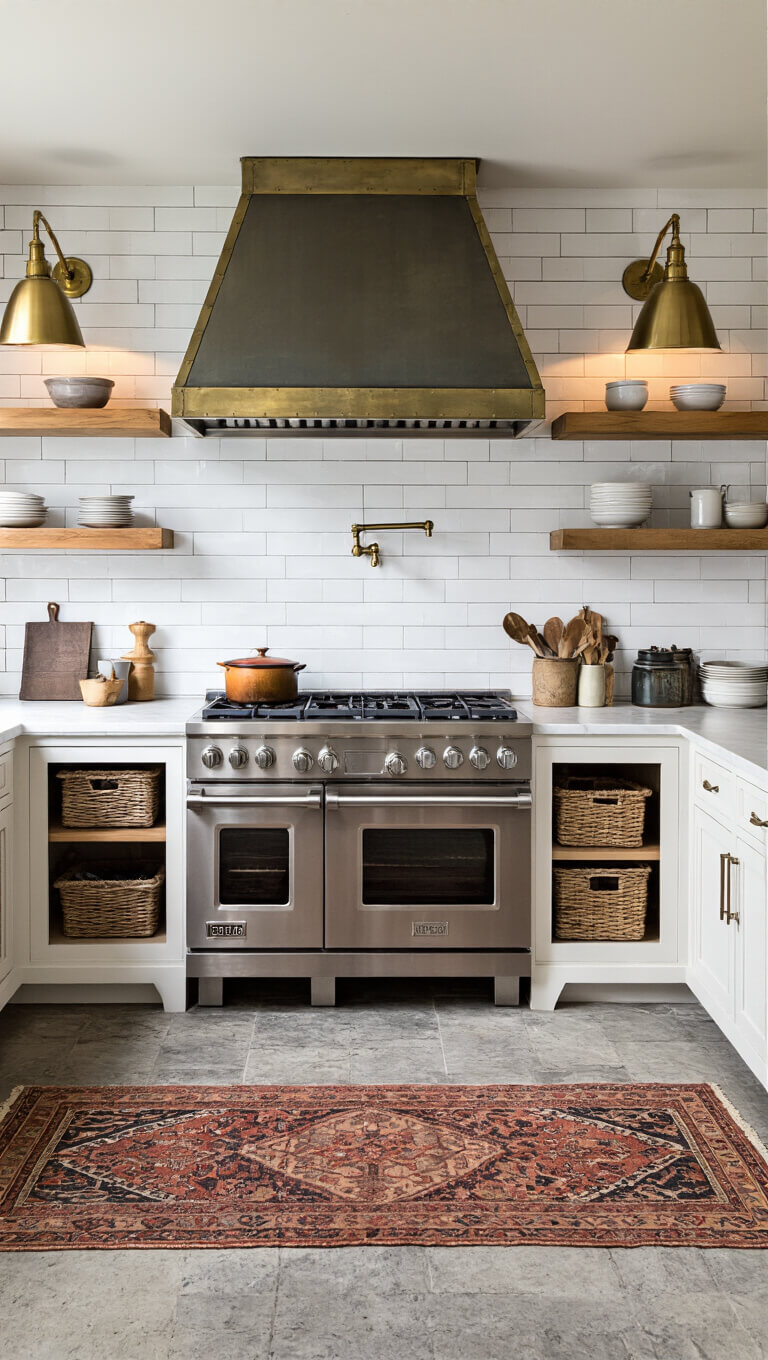 Stylish kitchen corner with pro range, zinc hood, brass lights, oak shelves, vintage rug, and mixed metal finishes.