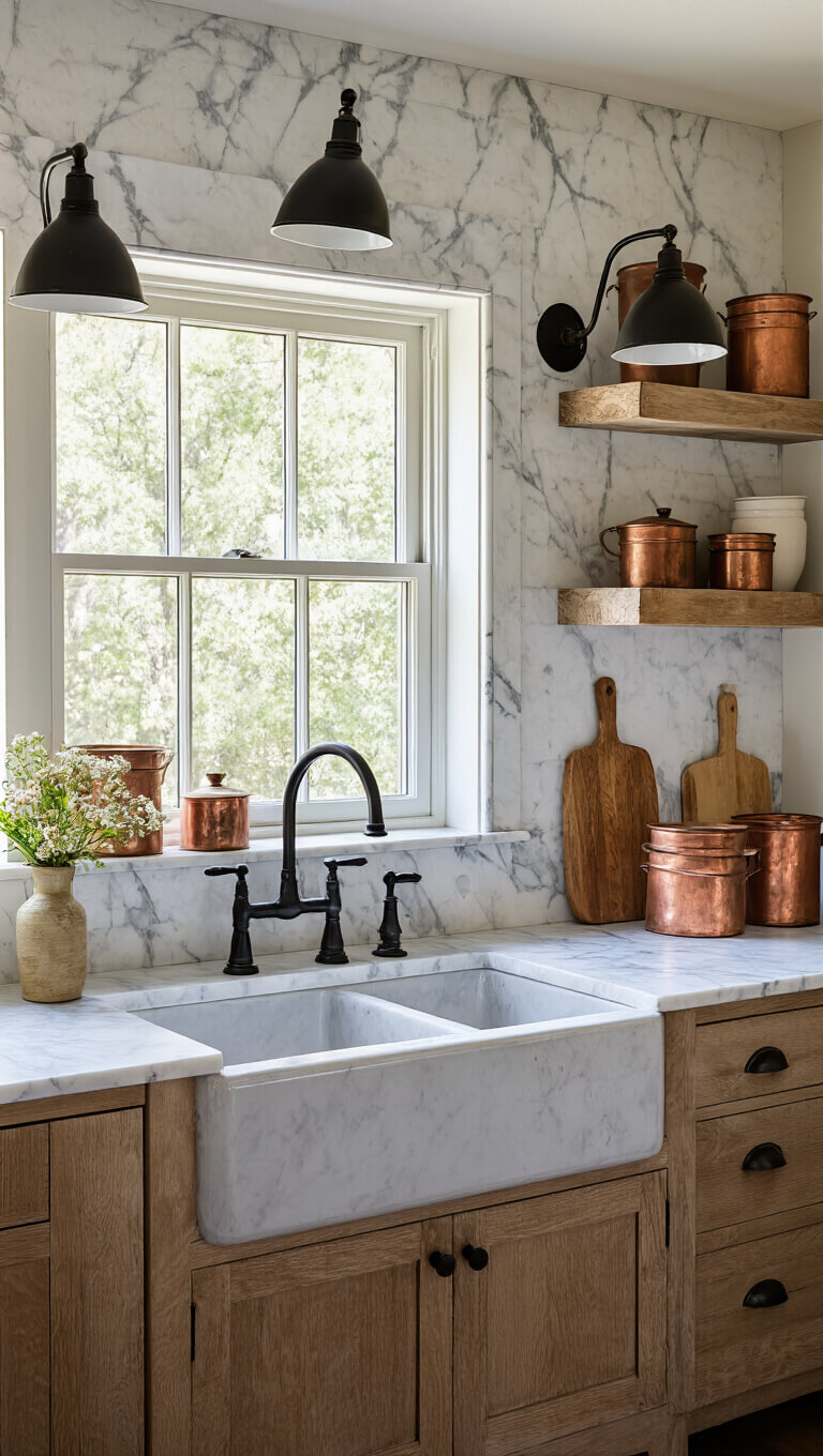Farmhouse sink with marble backsplash, twin black gooseneck sconces, vintage copper vessels, and wooden cutting boards in early morning light.