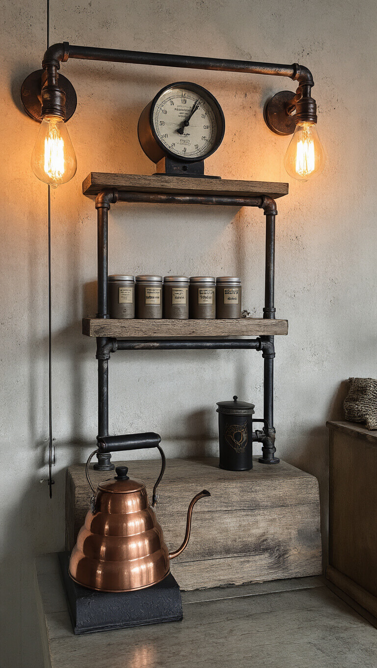 Cozy coffee station with industrial pipe shelves, Edison bulb sconces, vintage scale holding artisanal coffee, and a copper kettle, captured at f/2.8 for moody, atmospheric effect.