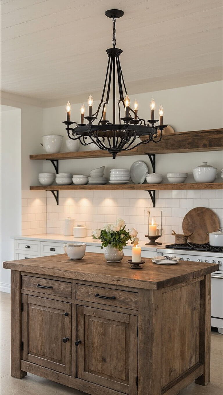 Evening kitchen with black iron chandelier over reclaimed wood island, warm LED underlighting, vintage enamelware on open shelves, and candlelit ambiance.