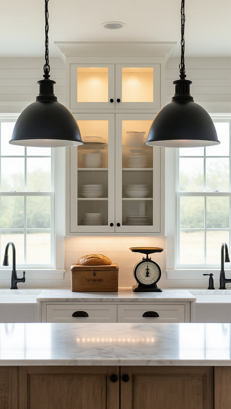 Breakfast prep area with glass-front cabinets, LED lighting, marble counters, black farmhouse pendants, vintage bread box and scale, morning sunlight, and clean, bright ambiance.