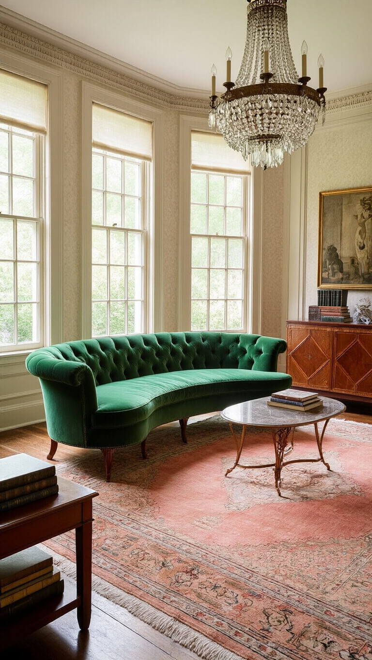 Elegant living room with emerald tufted sofa, Persian rug, crystal chandelier, and Art Deco bar cabinet, viewed from doorway in soft morning light.