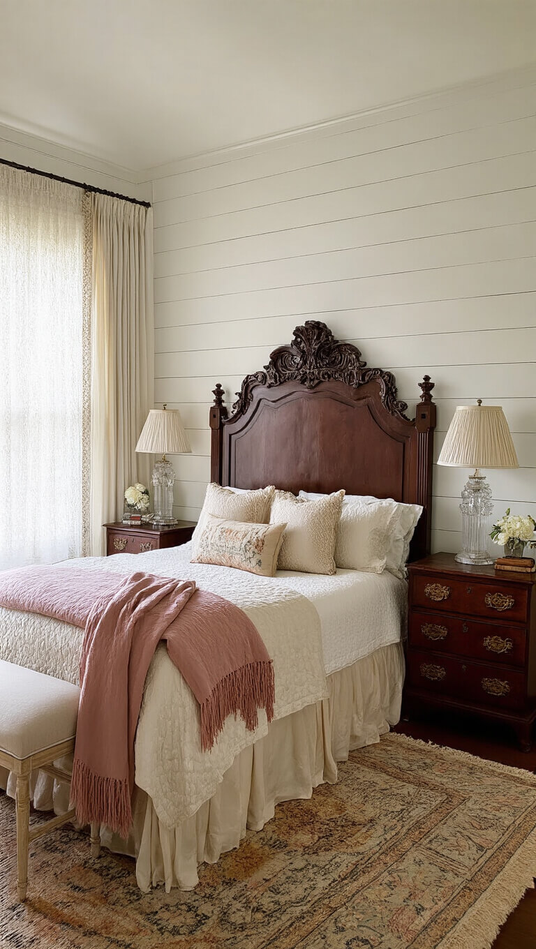 Bird's eye view of a romantic 12x14ft bedroom with 10ft ceilings, showcasing a carved mahogany headboard, champagne silk bedding, vintage pillows, symmetrical crystal lamps, and an antique dressing table in soft early afternoon light.