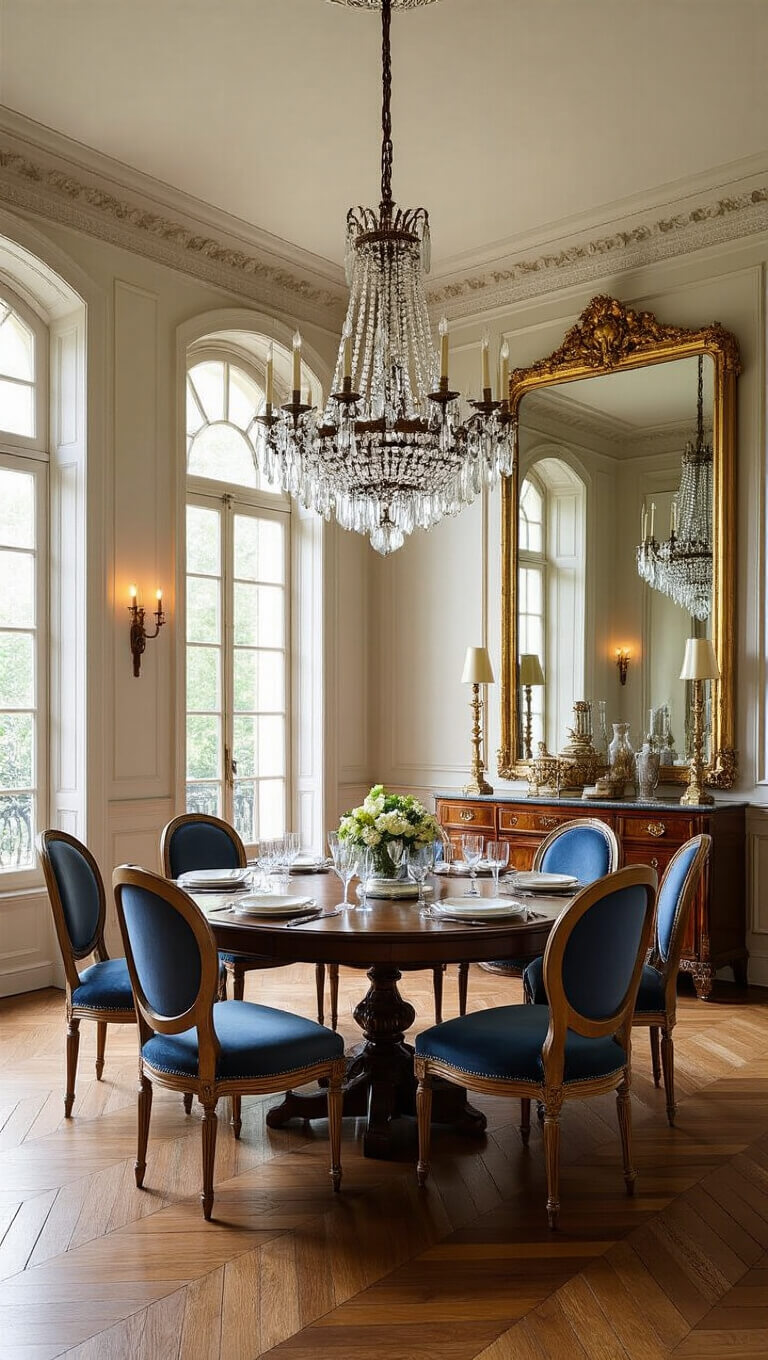 Elegant formal dining room with herringbone floors, mahogany table, steel blue velvet chairs, gilt mirror, and crystal chandelier bathed in golden hour light.
