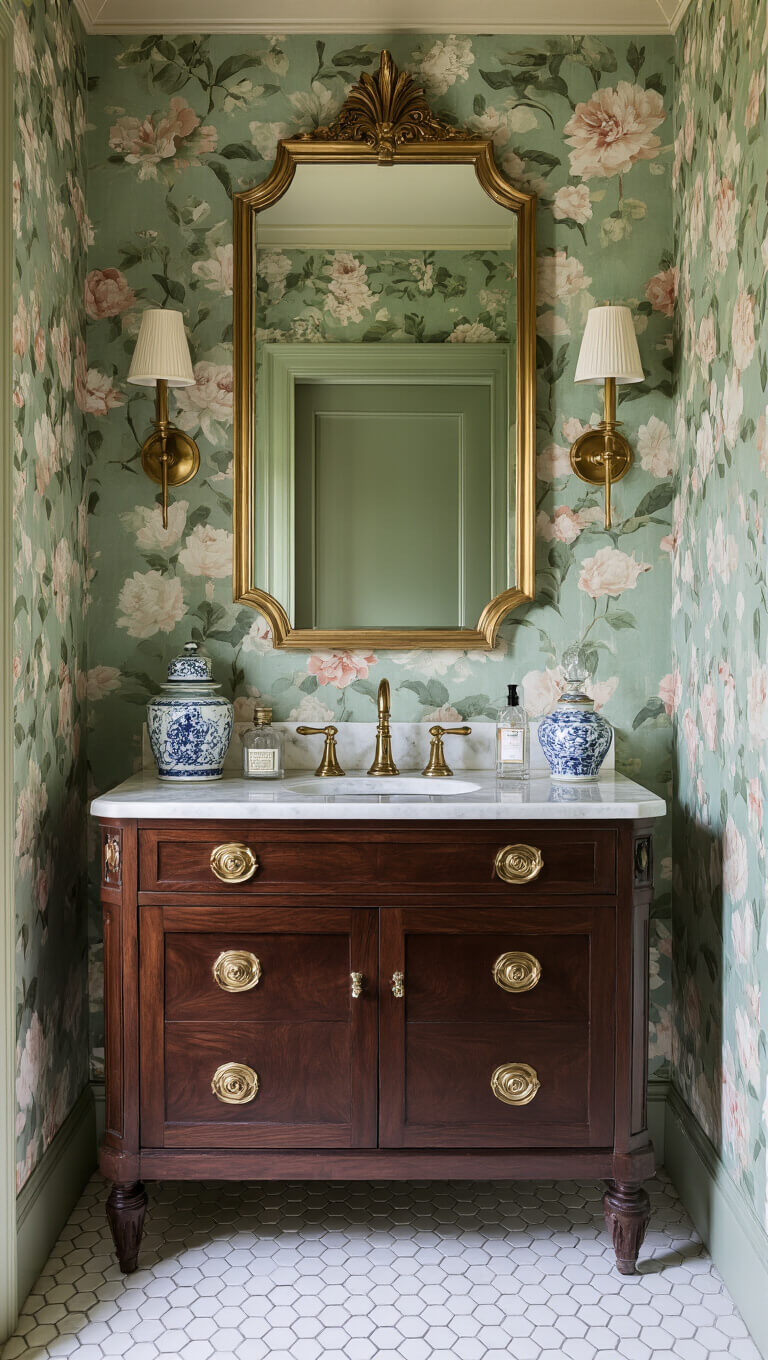 Art Deco powder room with vintage hex tile, dark walnut vanity, marble top, brass fittings, floral wallpaper, gilt mirror, glass sconces, and antique decor in soft morning light.