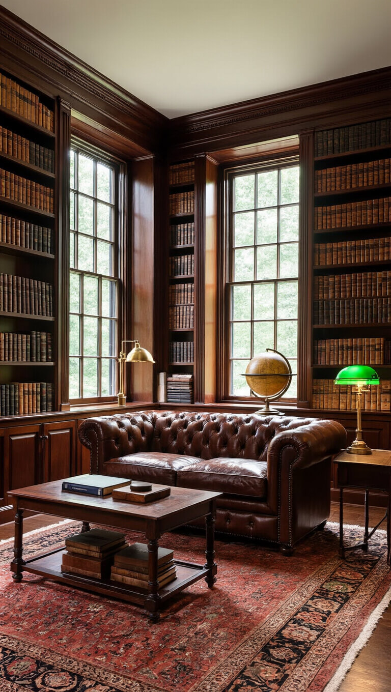 Low-angle view of a cozy library with tall mahogany bookcases, a cognac leather Chesterfield sofa, vintage globe, and campaign desk lit by moody amber lighting.