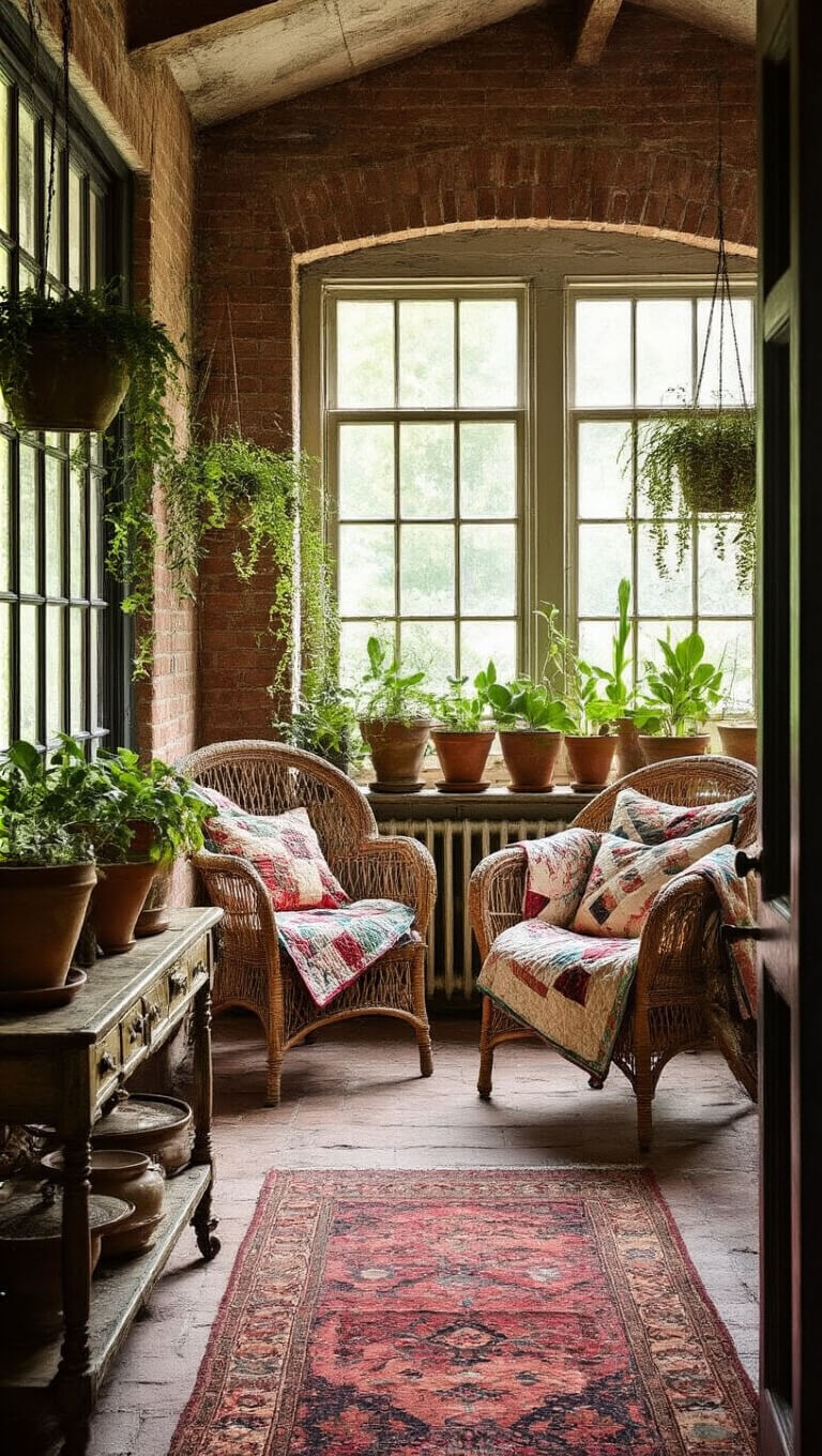 Bohemian conservatory with exposed brick, wicker chair, vintage quilts, glass tea cart, terracotta pots on wooden console, and Persian runner lit by natural late morning light.