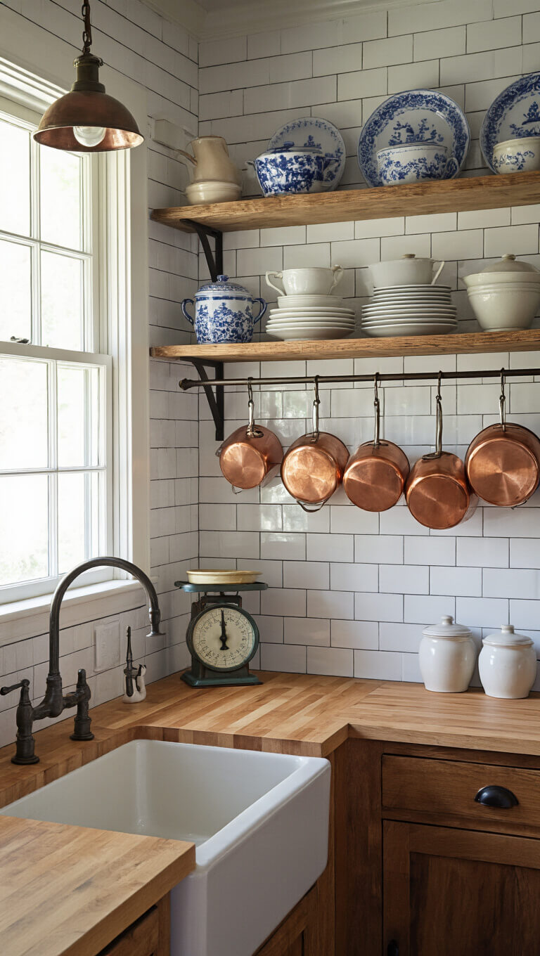 Warm, inviting 16x18ft kitchen with vintage farmhouse sink, butcher block counters, subway tile, copper pots, open shelving with ironstone and blue willow china, and morning light.