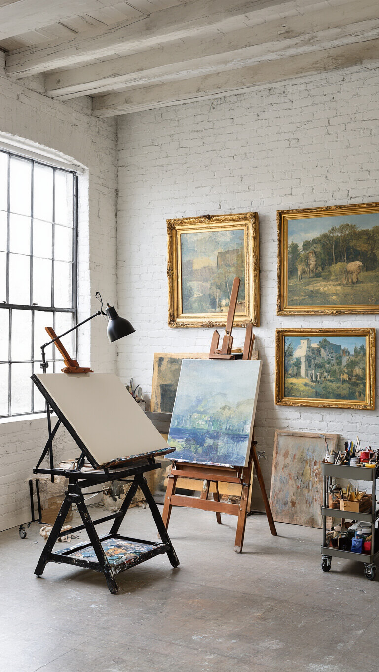 Artist's studio with whitewashed brick walls, exposed beams, vintage drafting table by industrial windows, gallery wall of gilt frames, easel with canvas, and rolling art supply cart in afternoon light.