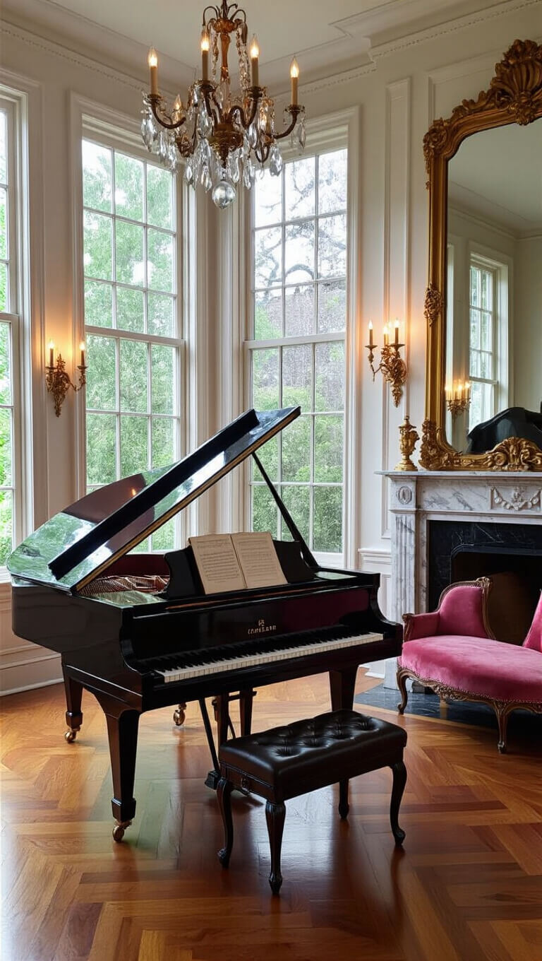 Romantic music room at twilight with baby grand piano, rose velvet Victorian settee, gilt mirror, and marble fireplace.