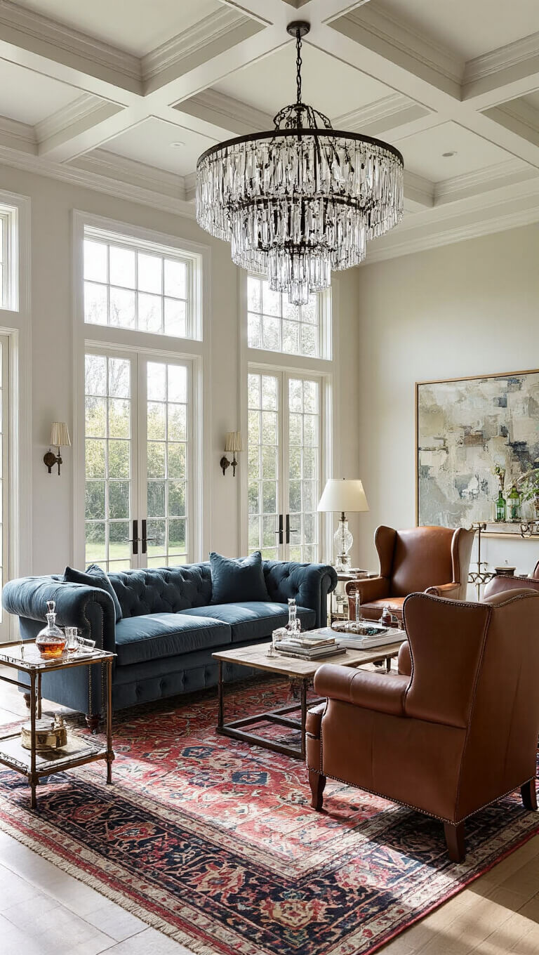 Luxurious great room with coffered ceiling, slate velvet Chesterfield sofa, leather wing chairs, antique Persian rug, crystal chandelier, and Art Deco bar cart in soft morning light.