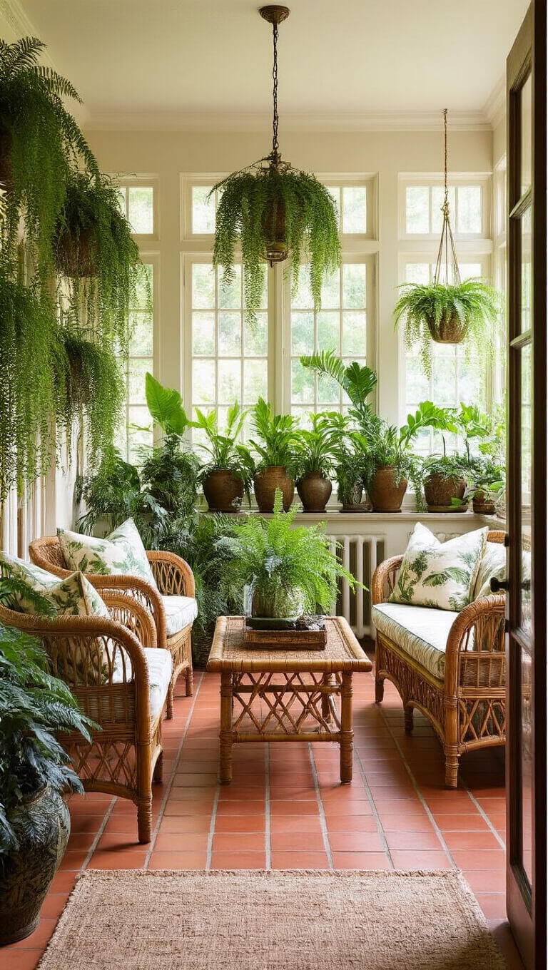 Sunroom with terra cotta floors, vintage rattan furniture with botanical cushions, bamboo coffee table, antique planters with ferns, brass and glass étagère displaying natural objects, golden hour light, viewed from doorway with tropical indoor-outdoor feel.
