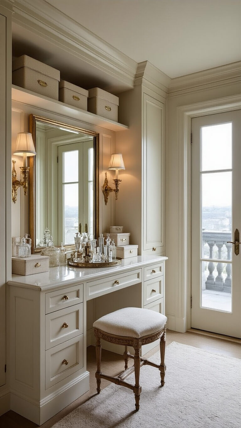 Luxurious feminine dressing room with custom millwork, antique vanity, vintage hat boxes, and crystal perfume bottles in soft dawn light.