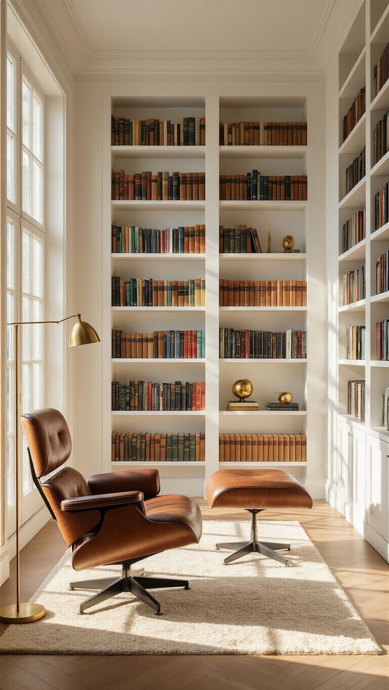 Sunlit modern library corner with tall white shelves, color-organized books, a leather chair, and warm golden hour lighting.