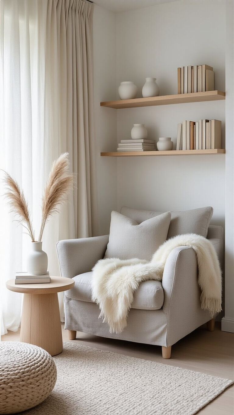 Scandinavian-style reading nook with light gray armchair, bleached oak shelves, white ceramics, and soft morning light through sheer curtains.