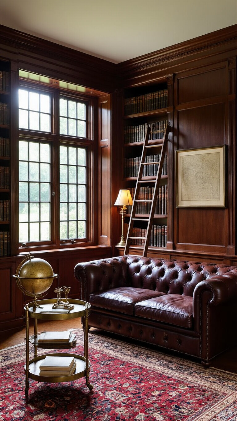 Traditional library den with mahogany shelves, Chesterfield sofa, oriental rug, brass ladder, and warm late afternoon light through mullioned windows.