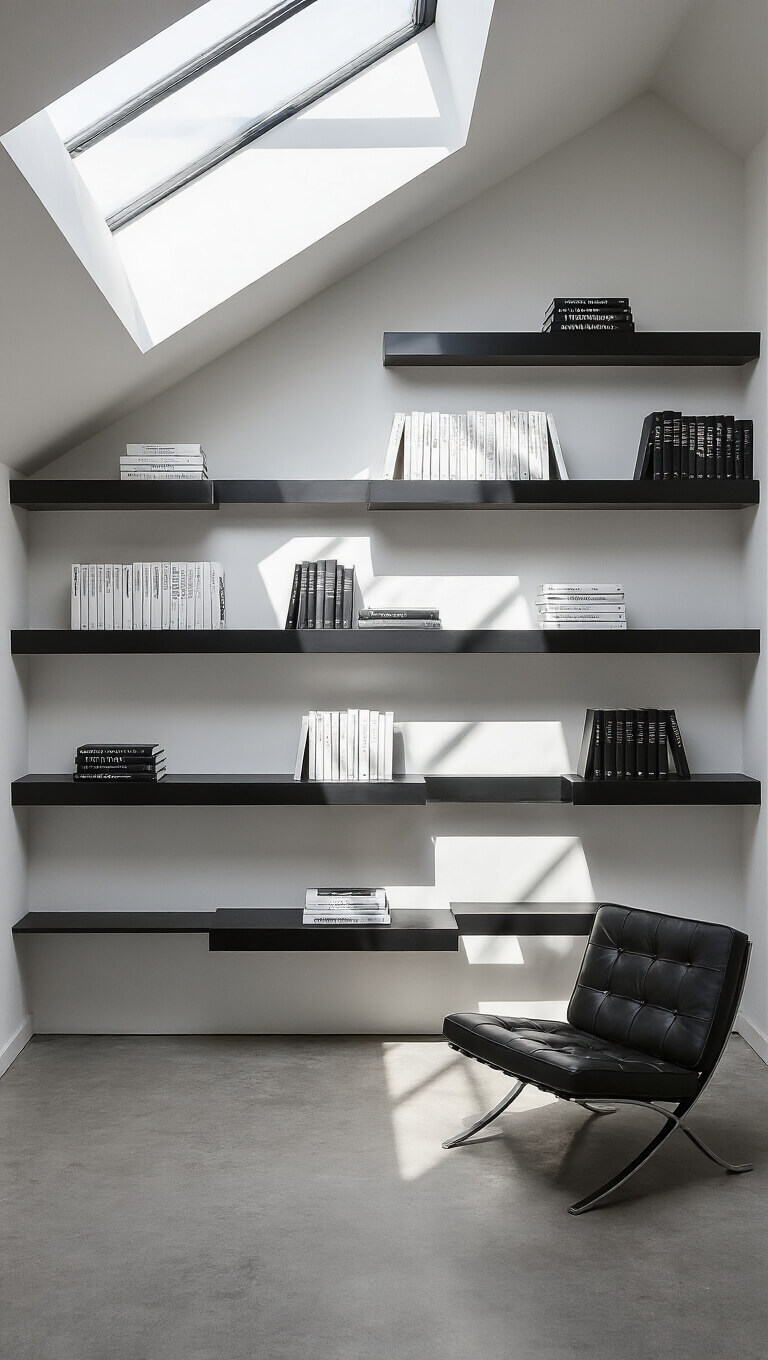 Modern minimalist book wall with black steel floating shelves, monochromatic books, concrete floor, and black leather Barcelona chair under skylight.