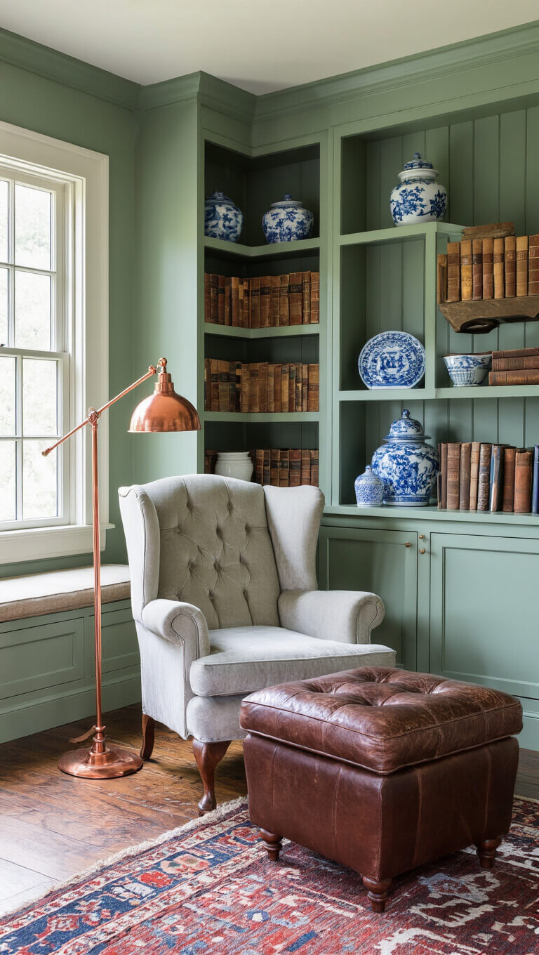 Cozy sage green cottage library with vintage wingback chair, leather ottoman, blue and white ceramics, and moody blue hour lighting.