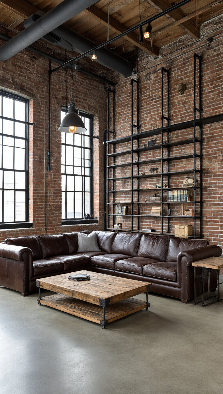 Industrial loft library with 25ft exposed brick wall, black pipe shelving, distressed leather sectional, reclaimed wood coffee table, and vintage industrial lighting under natural light.