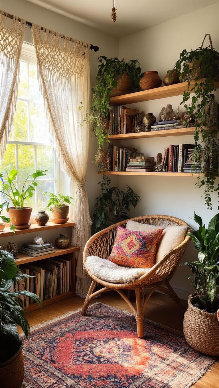 Cozy bohemian reading nook with rattan chair, layered vintage rugs, floating wooden shelves with books, plants, and eclectic decor bathed in golden afternoon light.