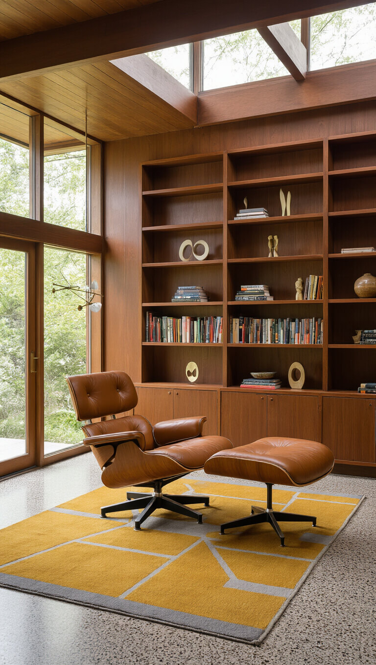 Mid-century modern library with walnut built-ins, Eames lounge chair in cognac leather, mustard and gray geometric rug, terrazzo floor, and warm afternoon light through clerestory windows.