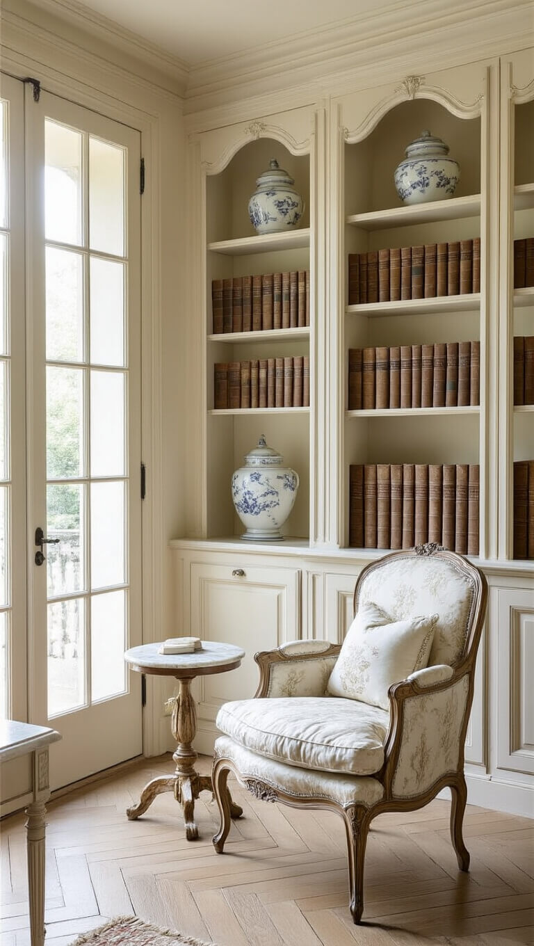 French country library with creamy built-ins, toile Bergere chair, marble side table, gilt mirrors, and herringbone floors in soft morning light.