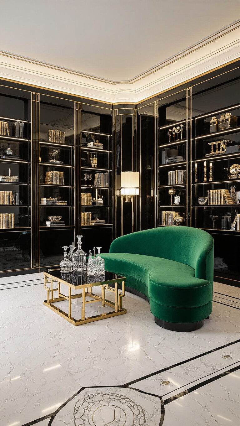 Art Deco library lounge with emerald green velvet sofa, black gloss shelving, brass coffee table, and dramatic lighting on marble inlaid floor.