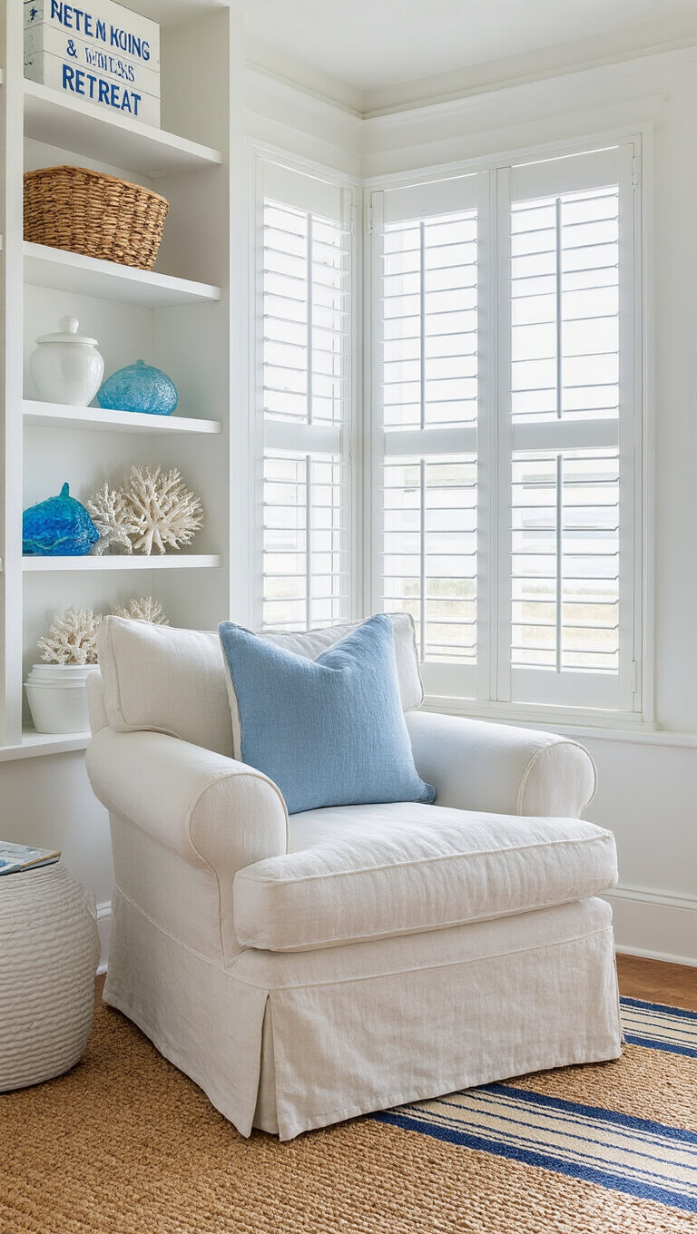 Cozy coastal reading nook with white shelves, linen armchair, layered rugs, and beachy decor in bright natural light.