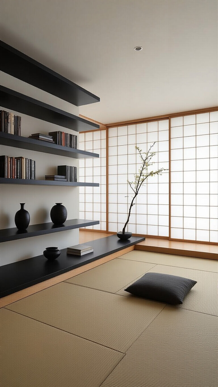 Japanese minimalist library with black floating shelves, white shoji screens, tatami mats, low platform seating, and ikebana arrangement in soft natural morning light.