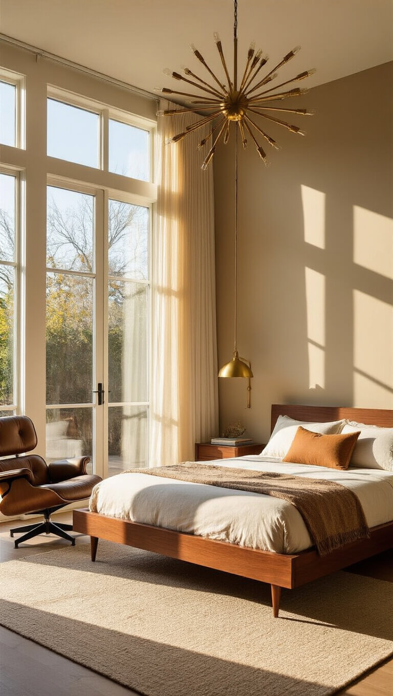 Low-angle view of a sunlit 14x16ft bedroom with a walnut platform bed, cognac leather Eames lounge chair, and brass starburst chandelier, showcasing mid-century modern design elements.