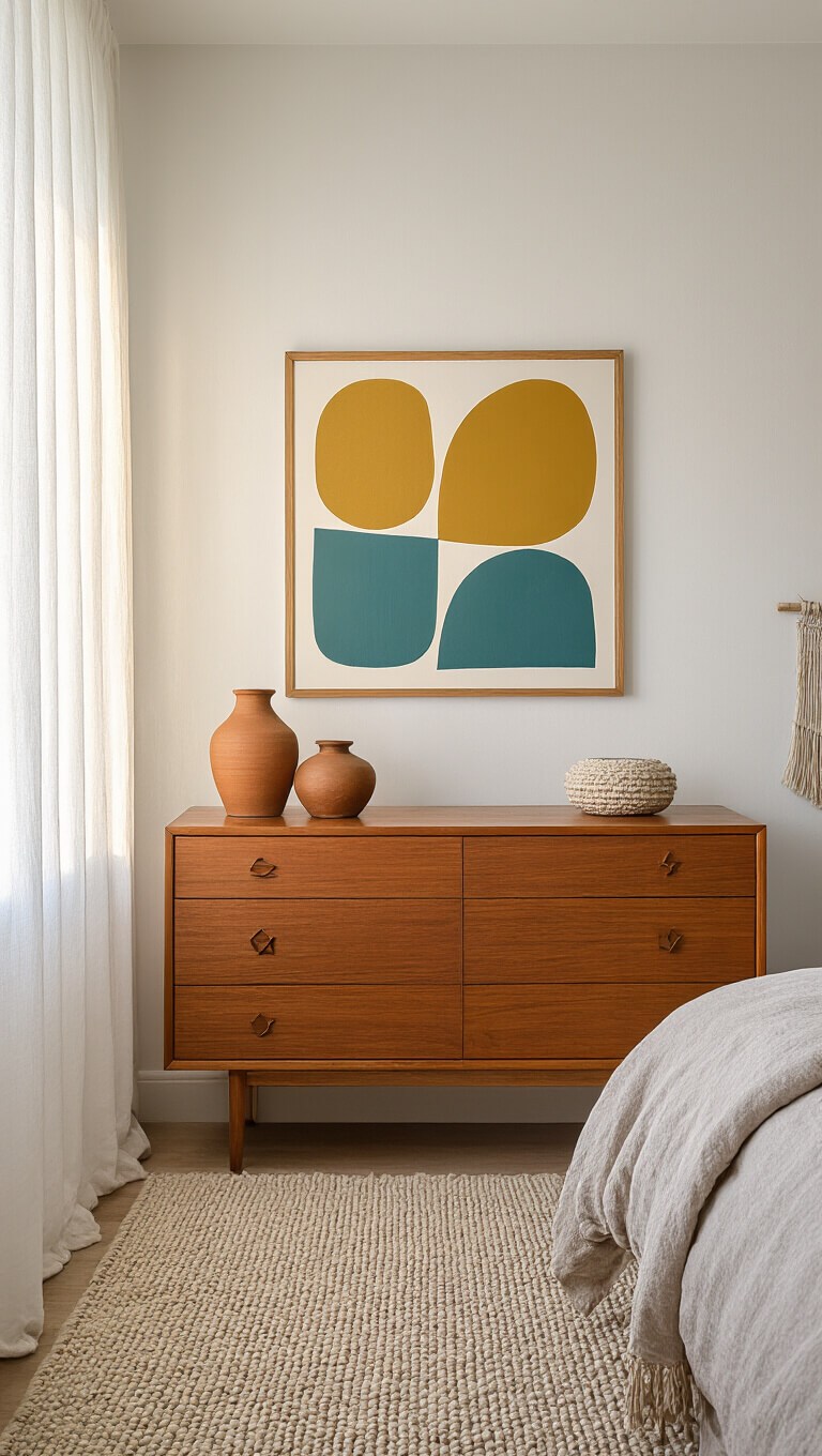 Corner view of cozy 12x14ft bedroom at dawn with diffused light, Danish modern teak dresser, abstract mustard and teal art, layered textures of wool rug, linen bedding, and woven wall hanging.
